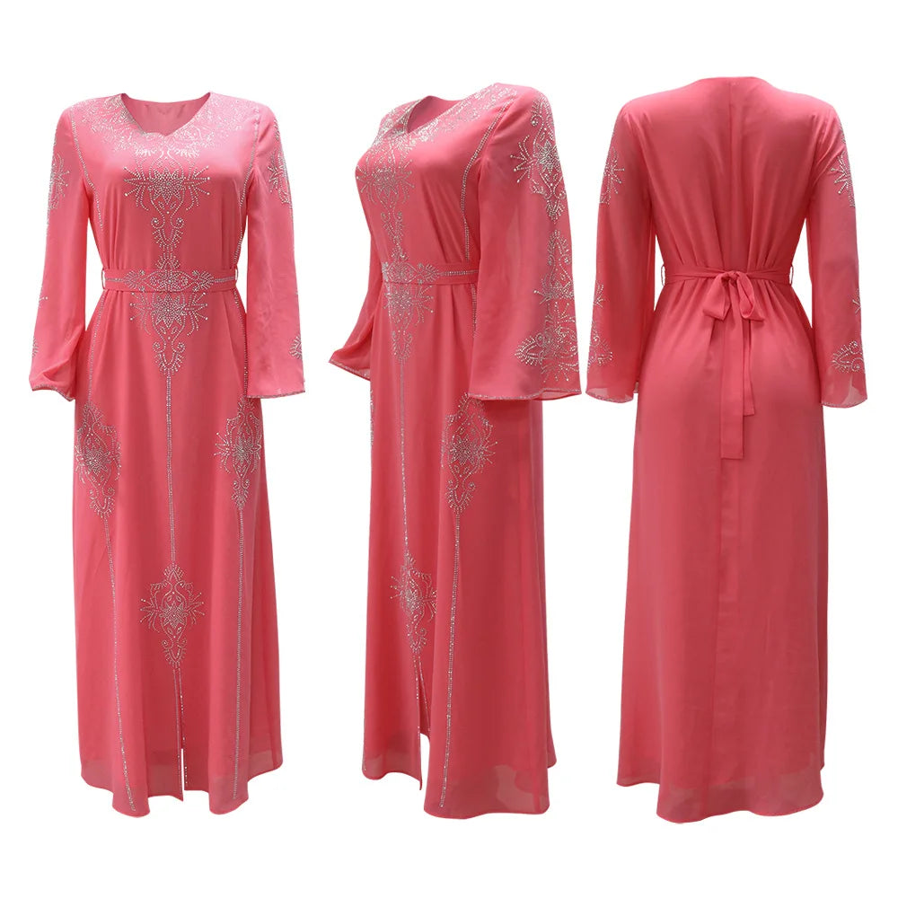 Eid Jalabiya - Women's Muslim Evening Dress, Diamond Lace-Up Arabic Abayas, Long Dresses, Elegant Dress, Educational Dress for Ramadan