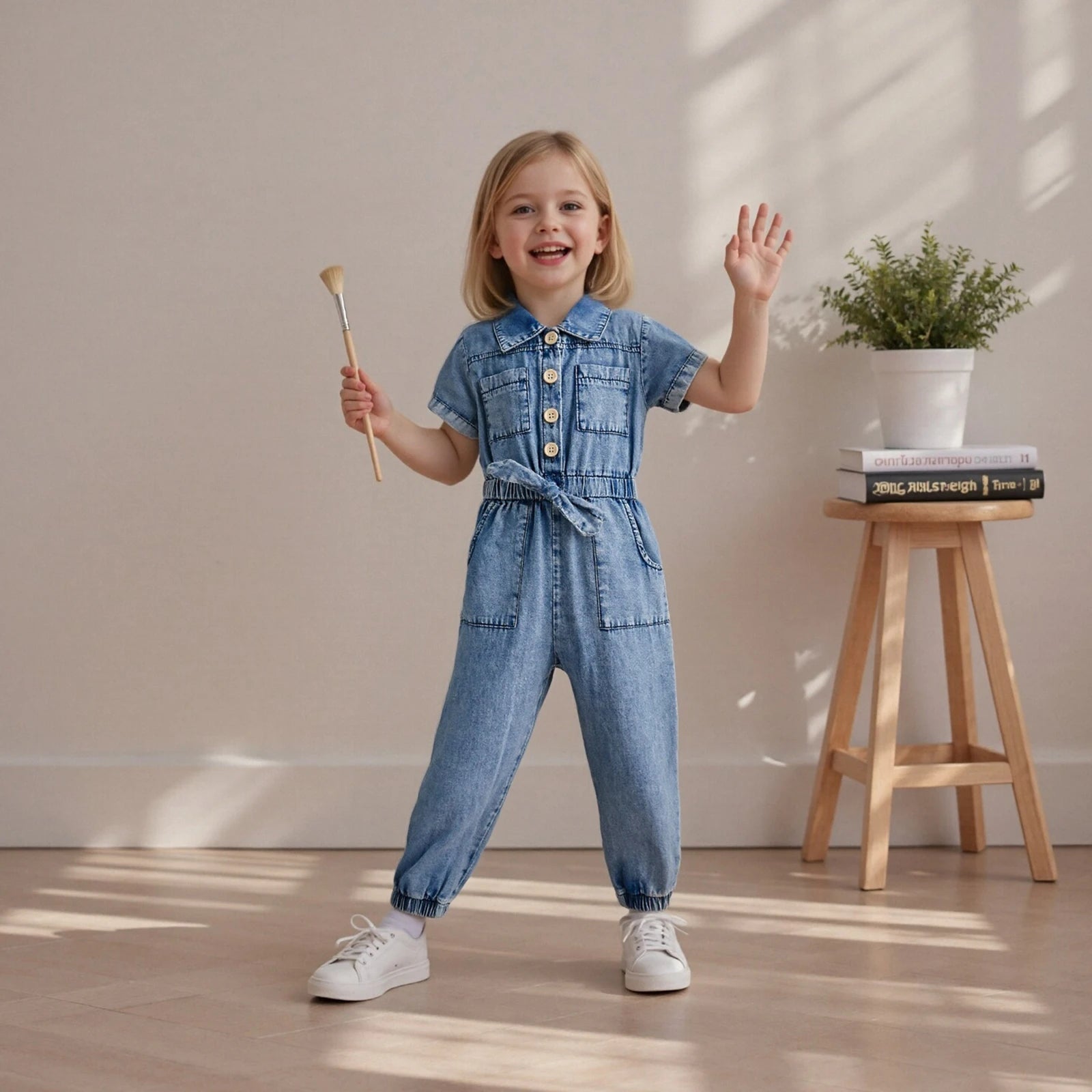 Barboteuse en jean pour petites filles, manches courtes, revers boutonné, combinaison pleine longueur avec poches