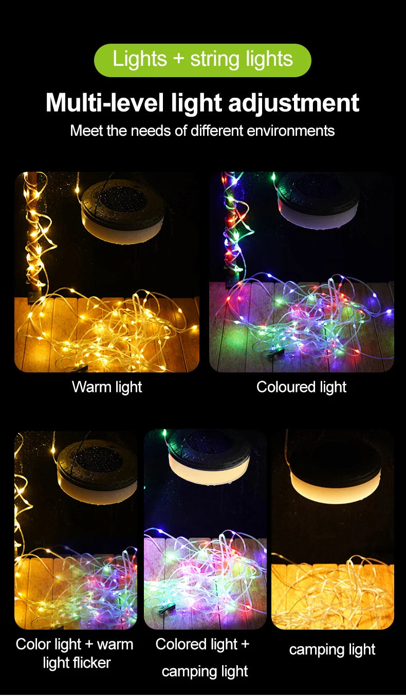 Guirxiété Solar Light for Outdoor Camping, LED Flashlight with Hook, Tent Light, RGB Lights, Stopovers, 10m