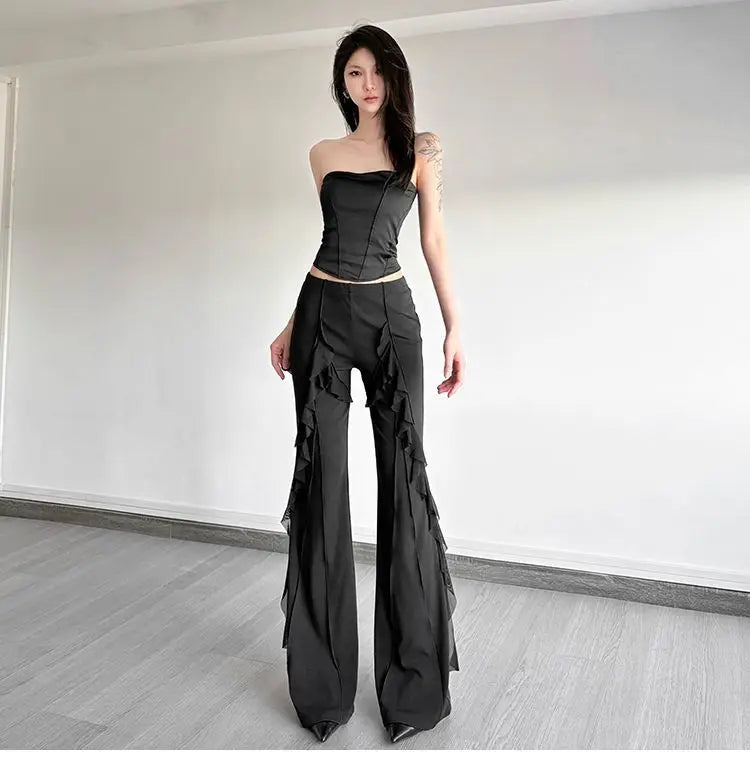 Women's high-waisted bootcut trousers, retro style, ruffled seams, with a sense of design, slimming trousers