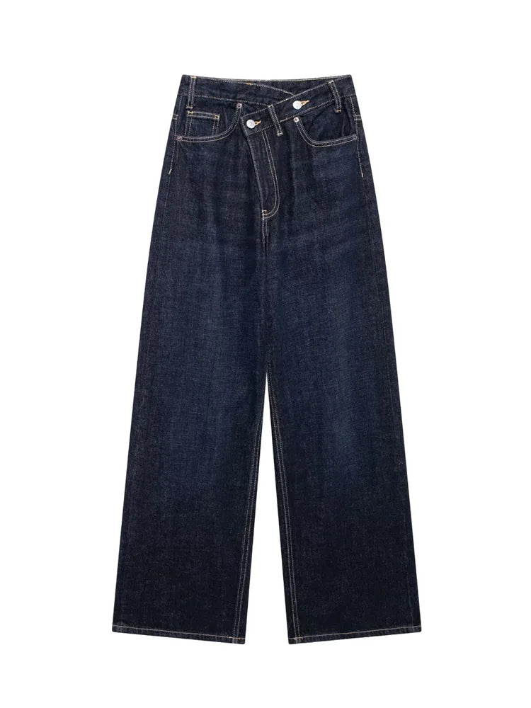 Jeans asymétriques à taille haute et à jambes larges pour femmes nouveaux modèles de base mode polyvalente pantalons droits pantalons
