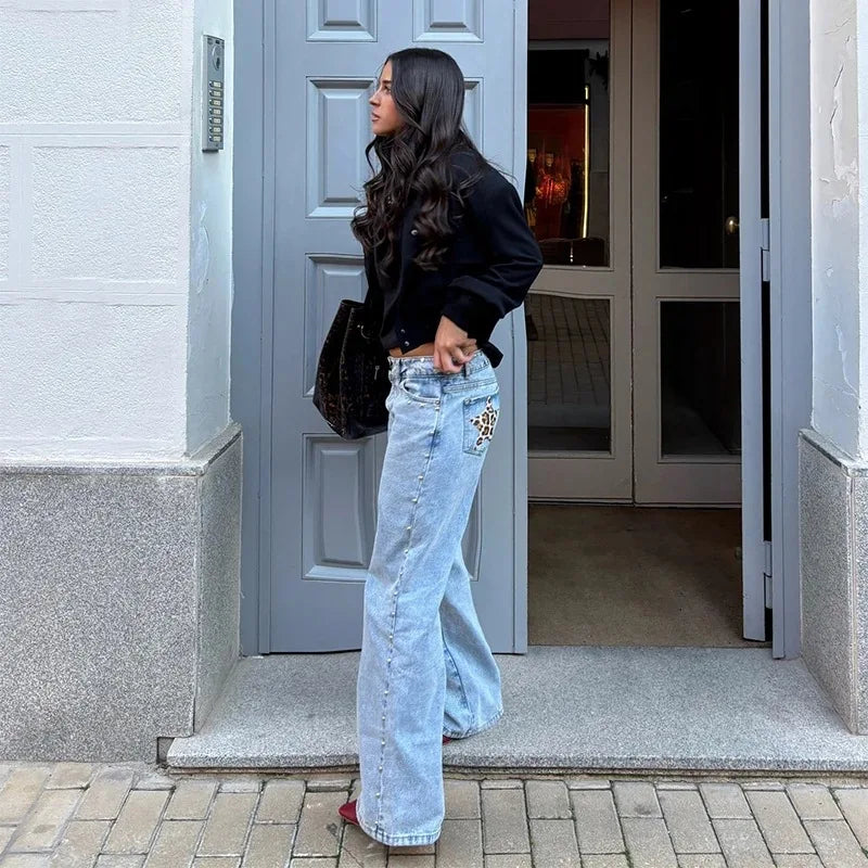 Y2K Vintage jean Flash argent étoile motif métal Rivet jean femme Baggy décontracté jambe droite Denim pantalon Simple femmes vêtements