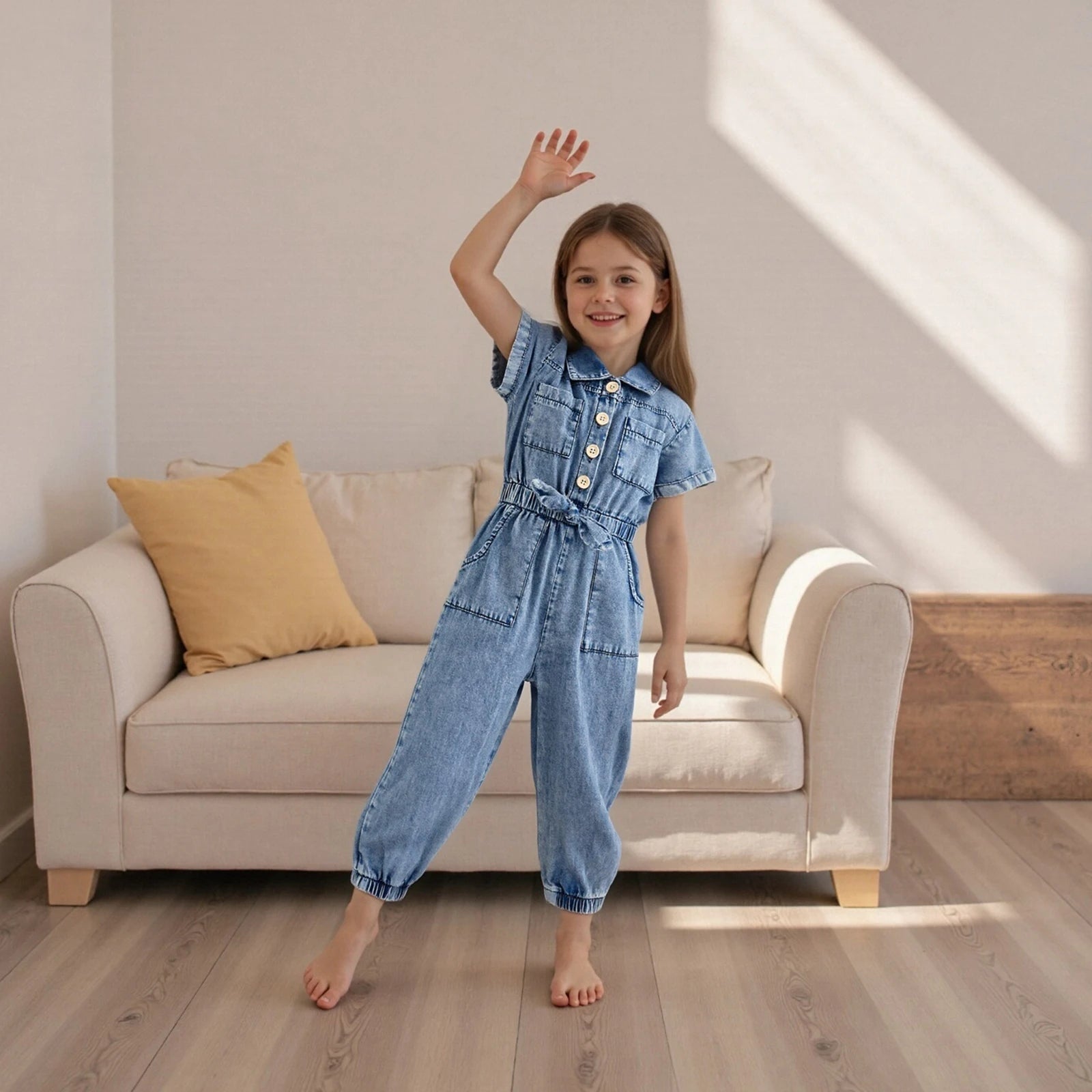 Barboteuse en jean pour petites filles, manches courtes, revers boutonné, combinaison pleine longueur avec poches
