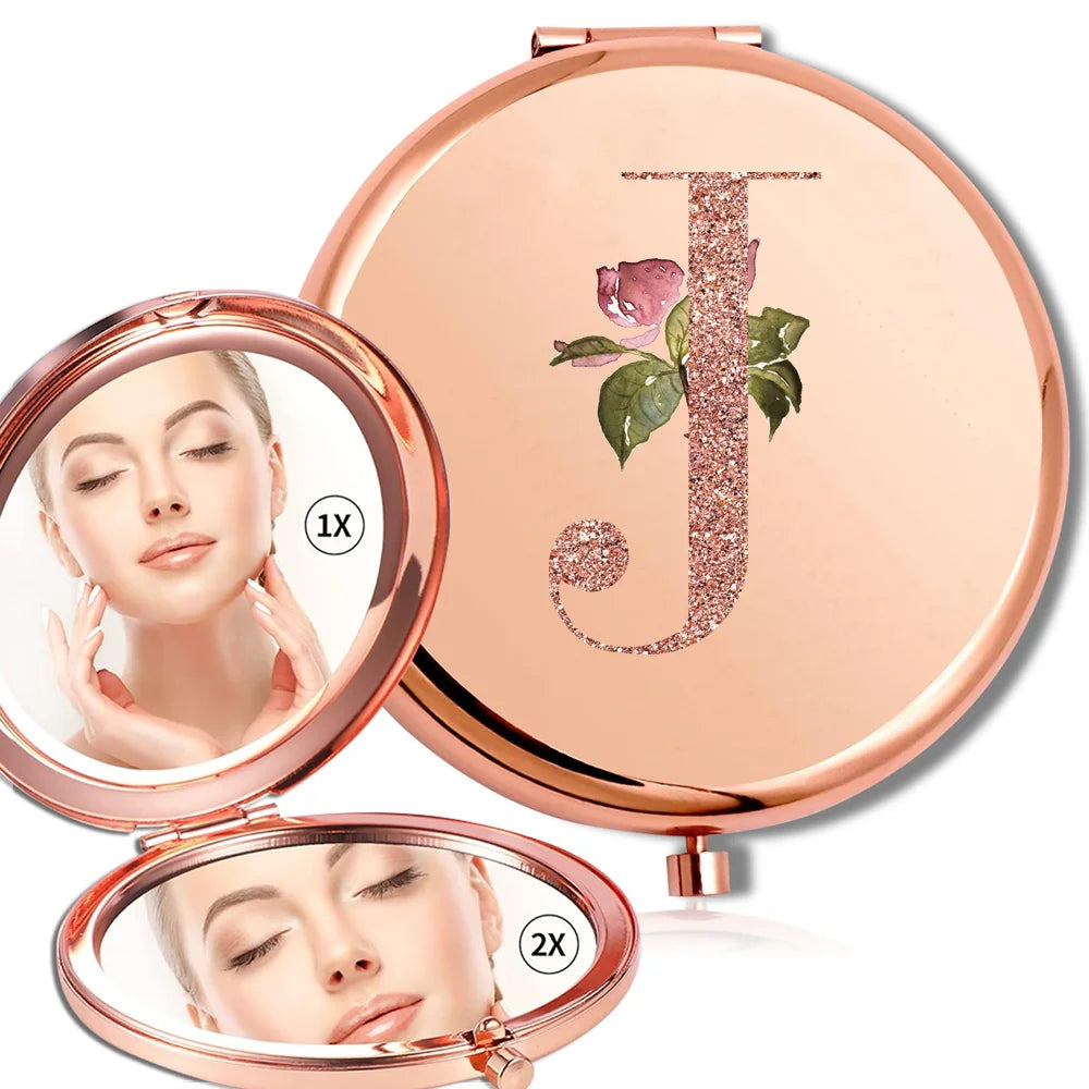 Miroir rond de maquillage grossissant Double face en métal, cosmétique, aspect Portable, verre, Compact, motif de lettres en or Rose