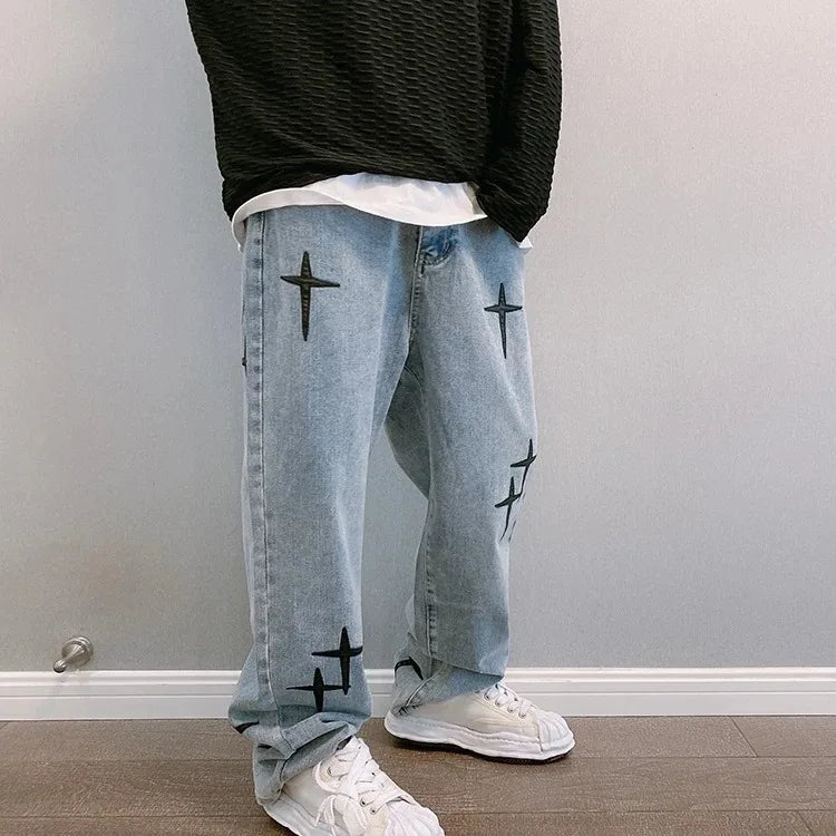 Boyfriend Vintage mode droite décontracté ample Denim Cargo pantalon hommes concepteur imprime étoile jean Streetwear ample jambe large jean