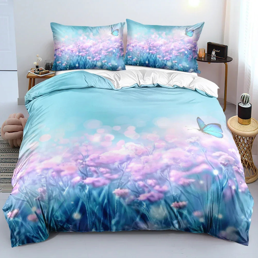 Royal Blue Gold Flower Classic Duvet Cover Sets, Queen, Full, Double Duvet Covers Pillowcases Bedding Set 260x220cm