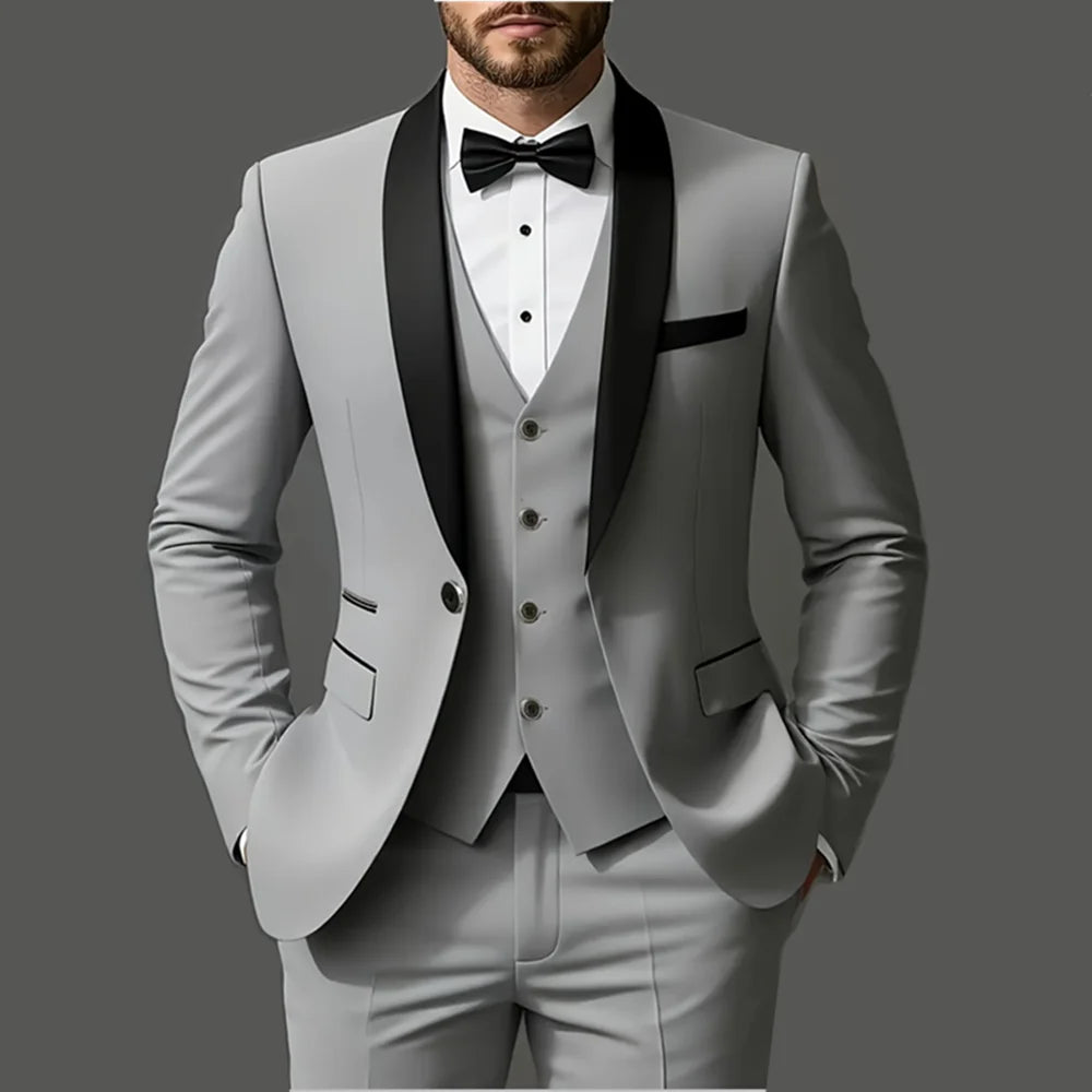 Men's 3-piece suit set, jacket + vest + trousers, fashionable and high quality, suitable for weddings, parties and formal occasions.