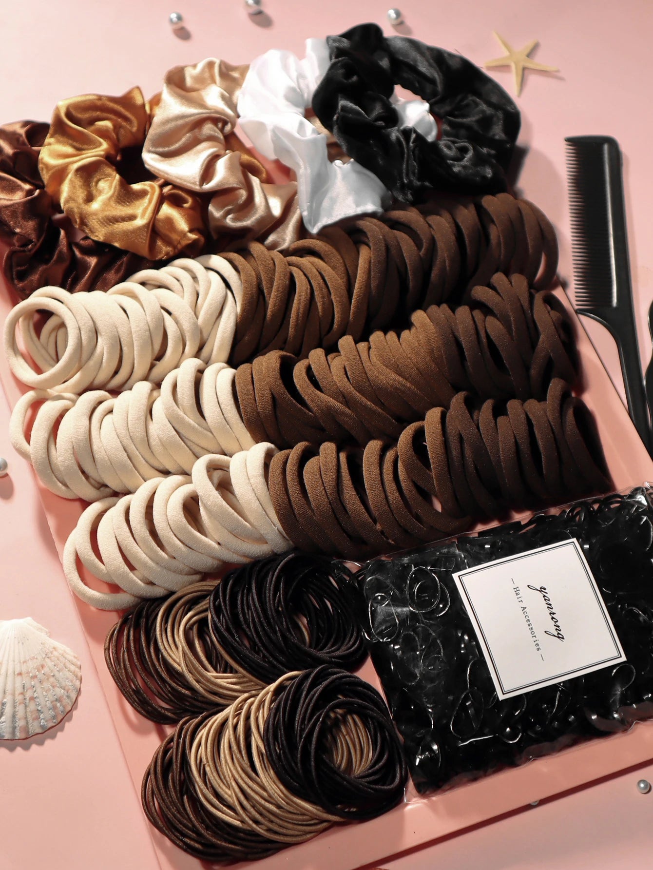 Women's Hair Accessory Set, Seamless, Fashionable, Brown Ponytail Holder, Variety of Scrunchies, Hairbands, Hair Clips