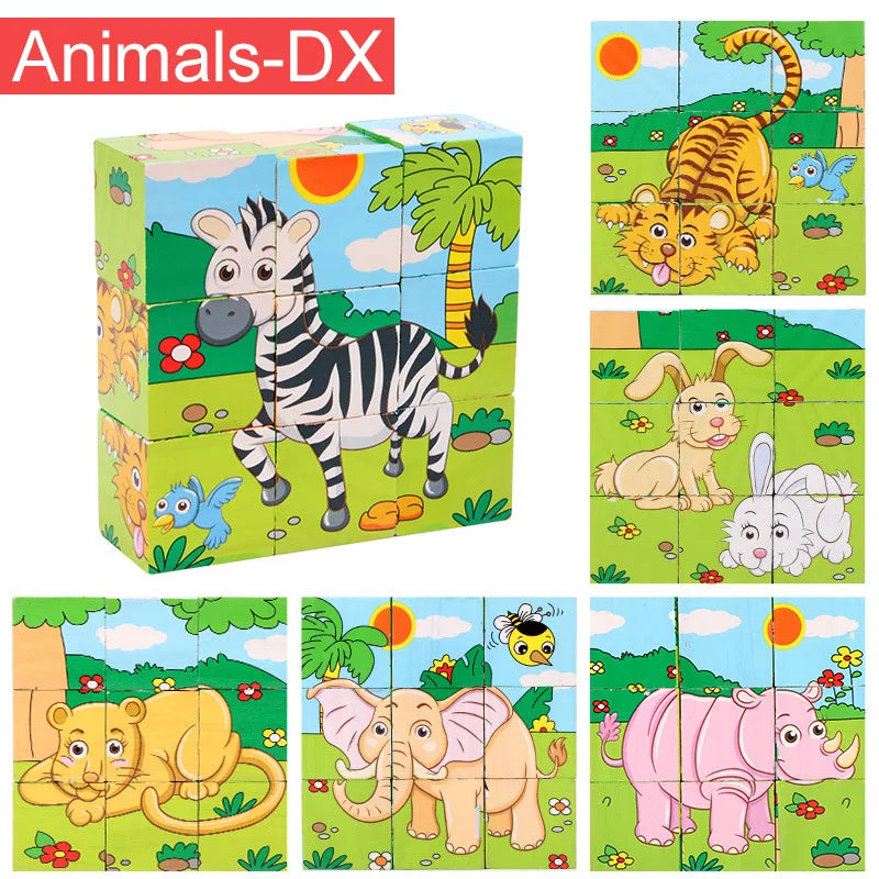 Puzzle en bois peint sur Six côtés, blocs de construction d'animaux de la circulation tridimensionnels, jouets d'éducation précoce Montessori TMZ