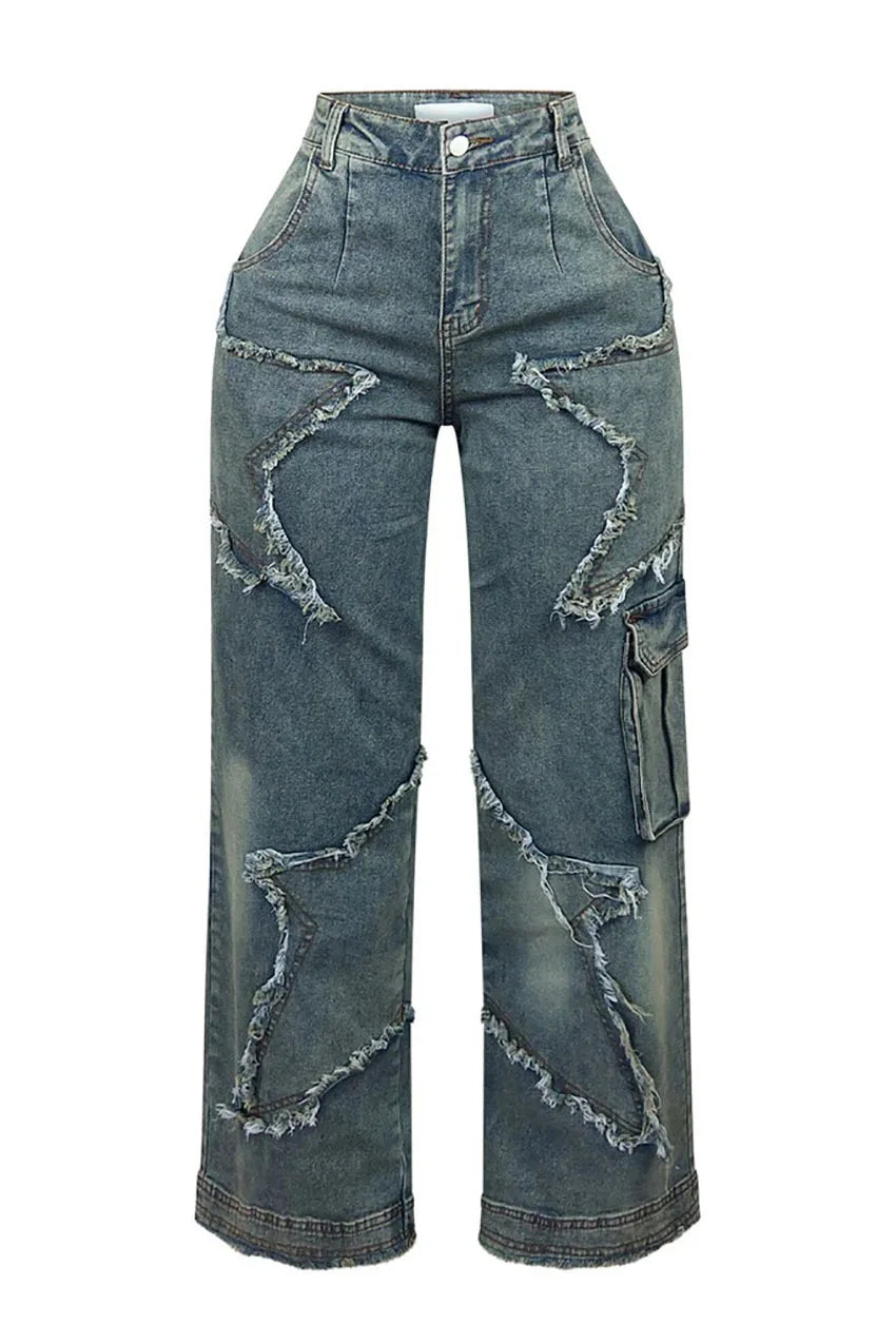 Women's relaxed, straight-leg, wide-leg denim jeans with star tassel detail, comfortable, loose fit, new autumn/winter collection