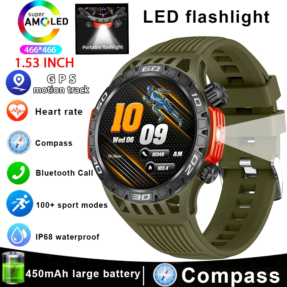 Montre intelligente étanche avec éclairage LED pour homme, boussole, tracker de fitness sportif, IP68, Bluetooth, conversation, Android, iOS