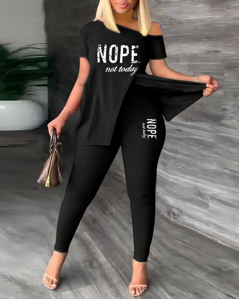 Women's Printed 2 Piece Set, Irregular Slanted Collar Split Top Short Sleeve Long Pants Colorful Outfit Fashion Women Pant Suit