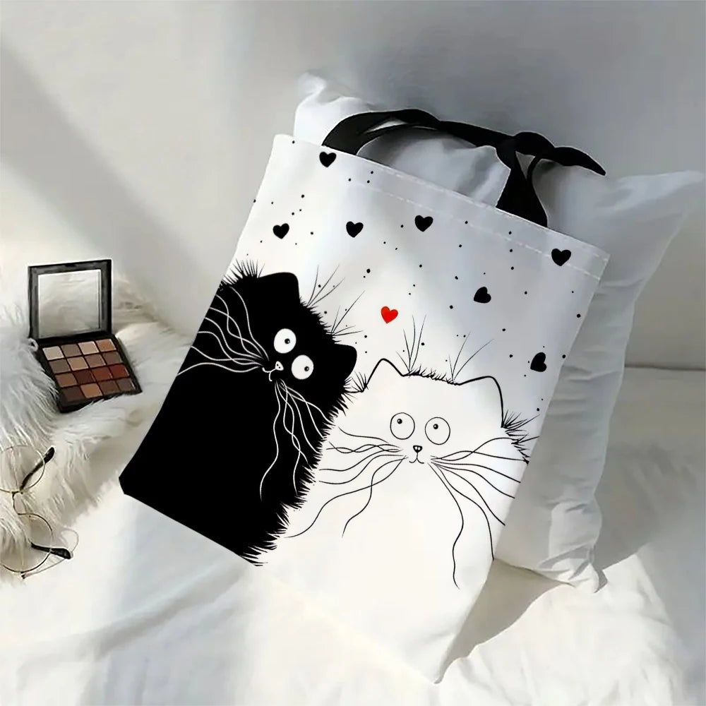Fourre-tout réutilisable en lin imprimé chats mignons, sac de rangement d'épicerie, sac à bandoulière Portable de grande capacité, fourre-tout lavable en Machine