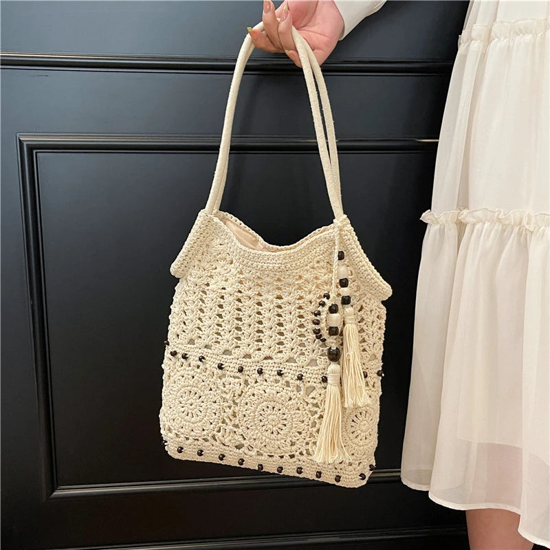 Sac à main tissé de grande capacité, sac à bandoulière ajouré, fourre-tout en Crochet, fourre-tout bohème tissé pour femmes, sacs de Shopping tricotés