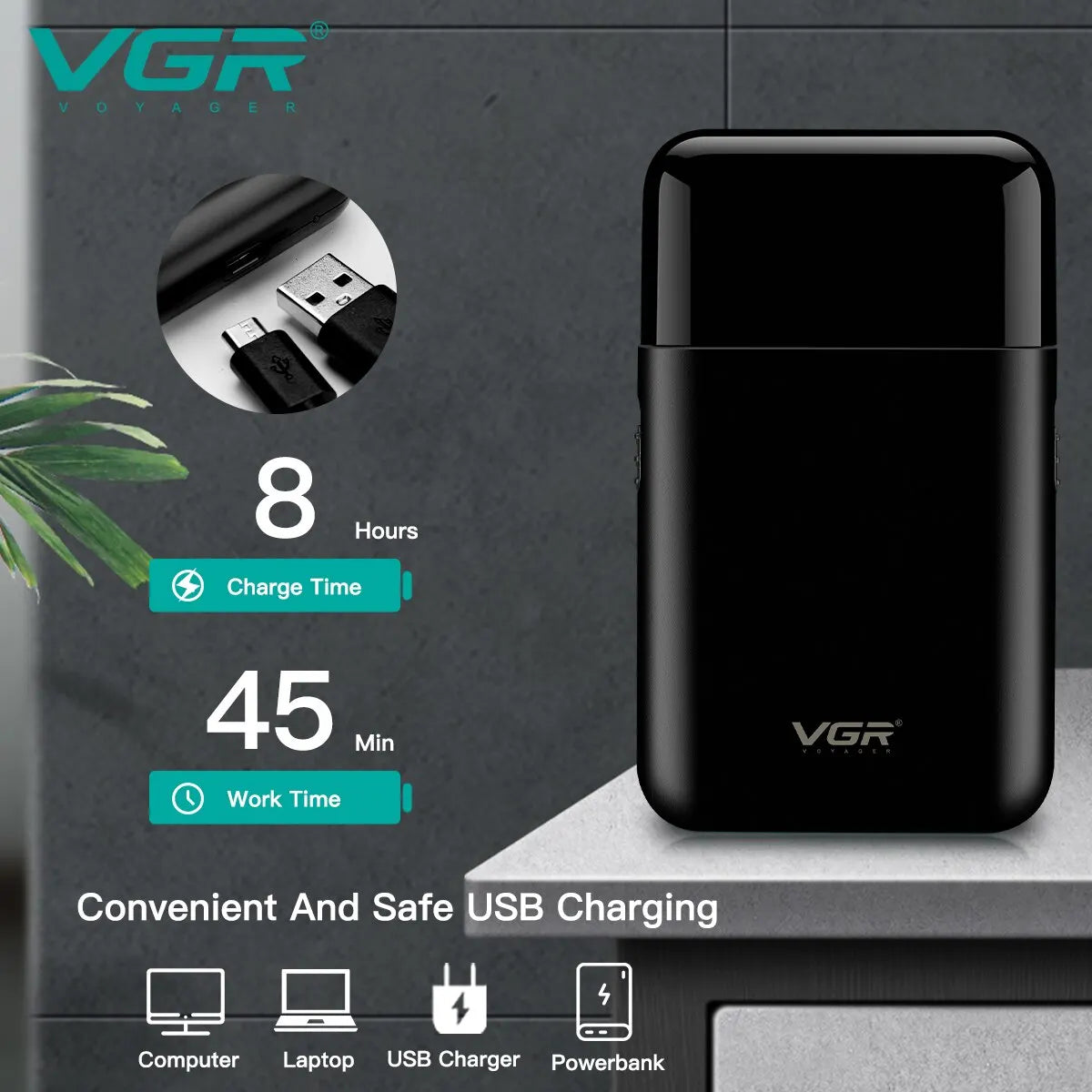 VGR Professional Electric Razor, Portable Mini Shaving Machine, USB Charging Beard Trimmer for Men, V 390