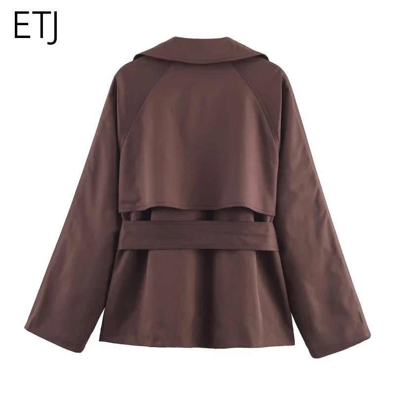 ETJ Autumn 2025 New Collection Women's British Style Double-Breasted Lapel Mesh Colour Belted Casual Trench Coat