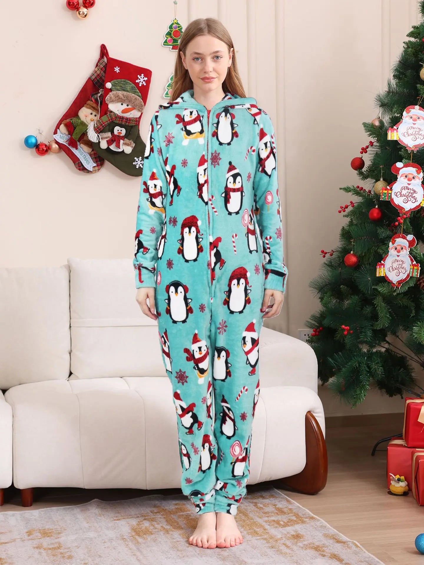 2025 hiver velours chaud doux pyjama famille vêtements de noël ensemble fermeture éclair à capuche combinaison épais ample une pièce costume Homewear Onesie