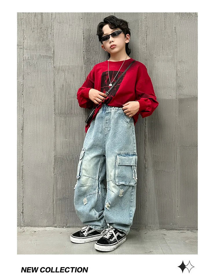 Adolescents garçons Hip Hop Streetwear vêtements de travail jean printemps automne 2025 nouveau Style enfants beau à la mode déchiré pantalon à jambes larges