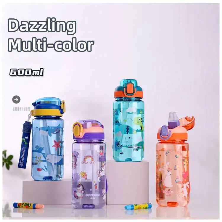 Bouteille d'eau dinosaure de 600ml pour enfants, tasse à bec avec paille en Silicone, bouteilles d'eau en plastique étanches, tasse d'eau d'été pour enfants