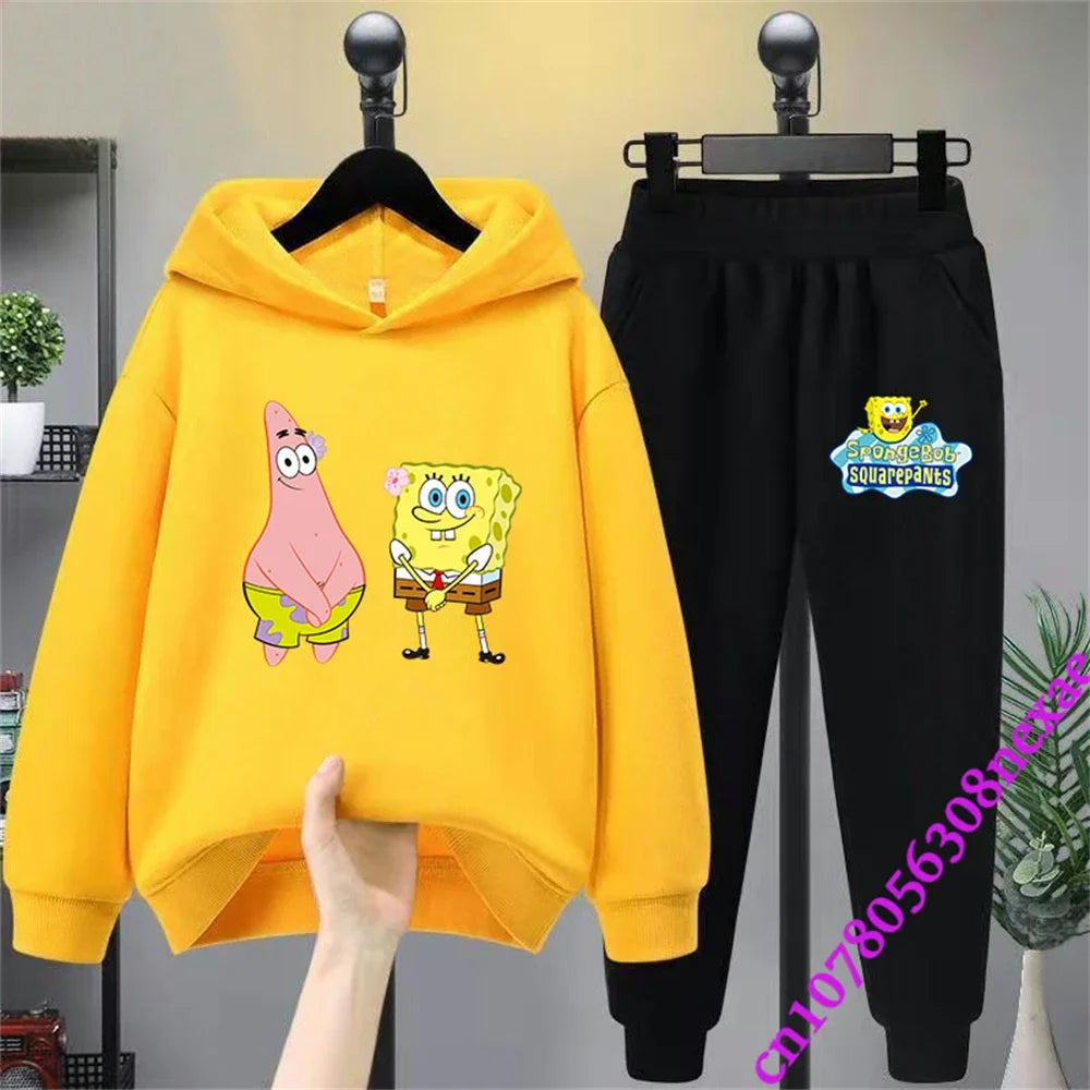 Spongebob-Pull imprimé dessin animé pour enfants, vêtements pour garçons et filles, imbibé, printemps et automne, Sportif, fjedly, 2 pièces