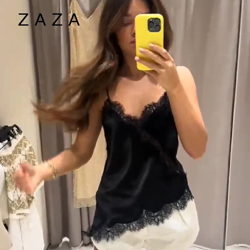 Été femmes haut à licou Satin dentelle épissé réservoir dos nu col profond Sexy gilet ourlet irrégulier robes 2025 dame vacances Sexy hauts