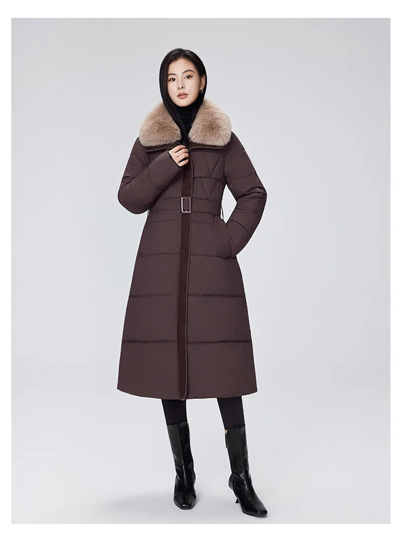 Parka d'hiver à col en fourrure pour femme, veste x-longue rembourrée en coton, manteau épais et chaud, Streetwear avec ceintures, vêtements d'extérieur Slim, à la mode, 2025