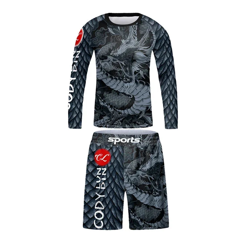 Vêtements de sport à compression pour enfants, survêtement de course pour garçons, ensemble t-shirt et pantalon Muay Thai, MMA BJJ Training Sportedly