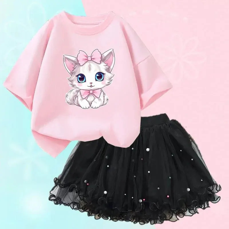 Cute summer outfits for girls, cartoon cat T-shirt and tutu skirt, princess clothes for girls, children's birthday outfits, 2 pieces/set
