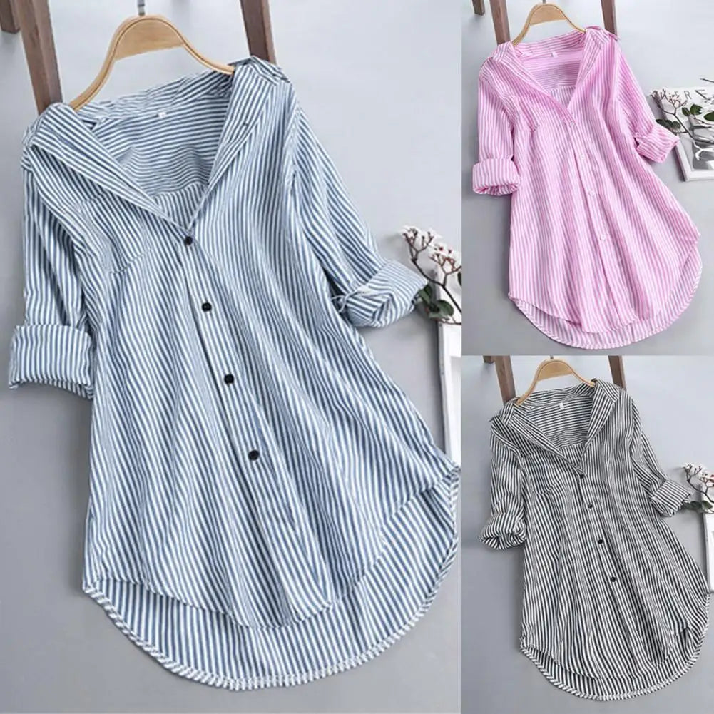 Chemisier Tunique Femme Rayé à Manches Longues Col V Mi-long Col Rabattu Coupe Ample Décontracté Élégant Été Tailles M-4XL