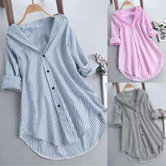 Chemisier Tunique Femme Rayé à Manches Longues Col V Mi-long Col Rabattu Coupe Ample Décontracté Élégant Été Tailles M-4XL