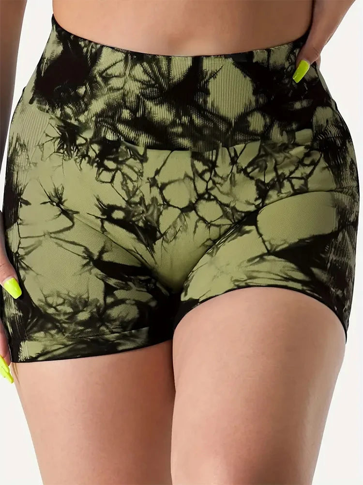 Women's 3-Piece High-Waisted Pleated Hip Lift Pants Tie-Dye Hip Lift Yoga Shorts