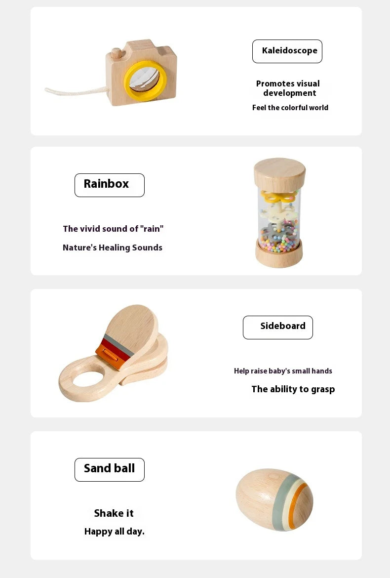 Ensemble de jouets en bois pour nourrissons et tout-petits, jouets d'écoute et de préhension, hochets, barils de pluie, hochets, cadeaux de vacances pour bébé, 7 pièces