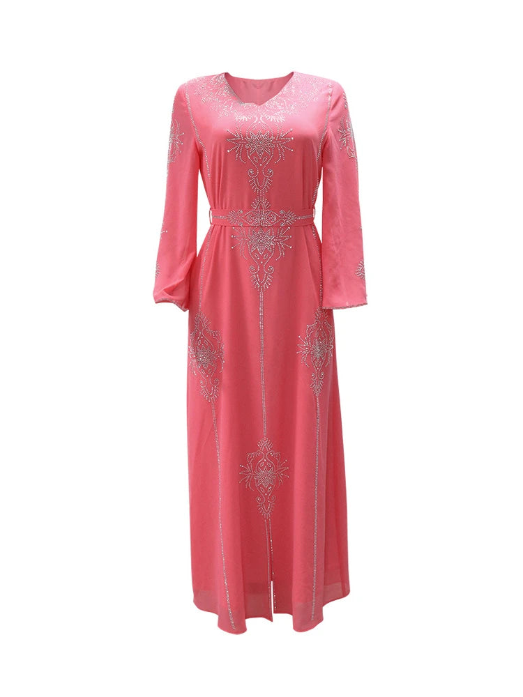 Eid Jalabiya - Women's Muslim Evening Dress, Diamond Lace-Up Arabic Abayas, Long Dresses, Elegant Dress, Educational Dress for Ramadan