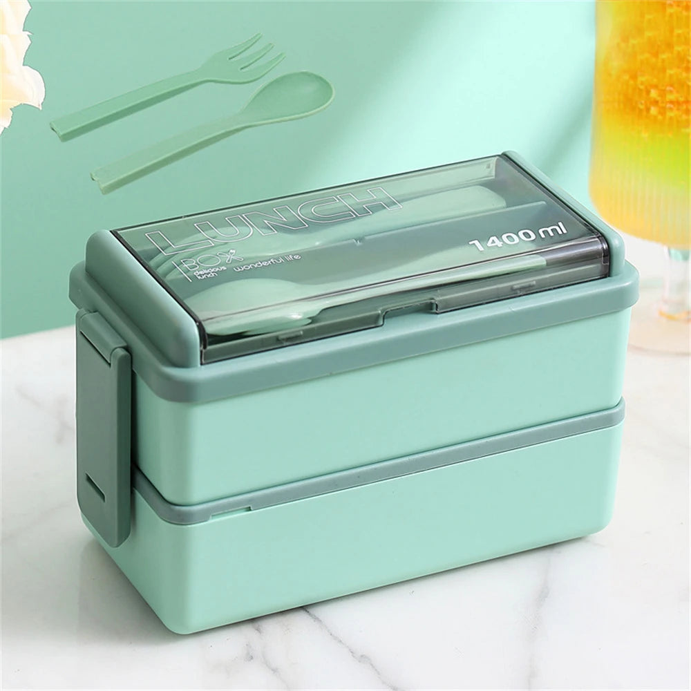Boîte à déjeuner Portable Double couche pour enfants, avec fourchette et cuillère, boîtes à Bento pour micro-ondes, ensemble de vaisselle, conteneur de stockage des aliments
