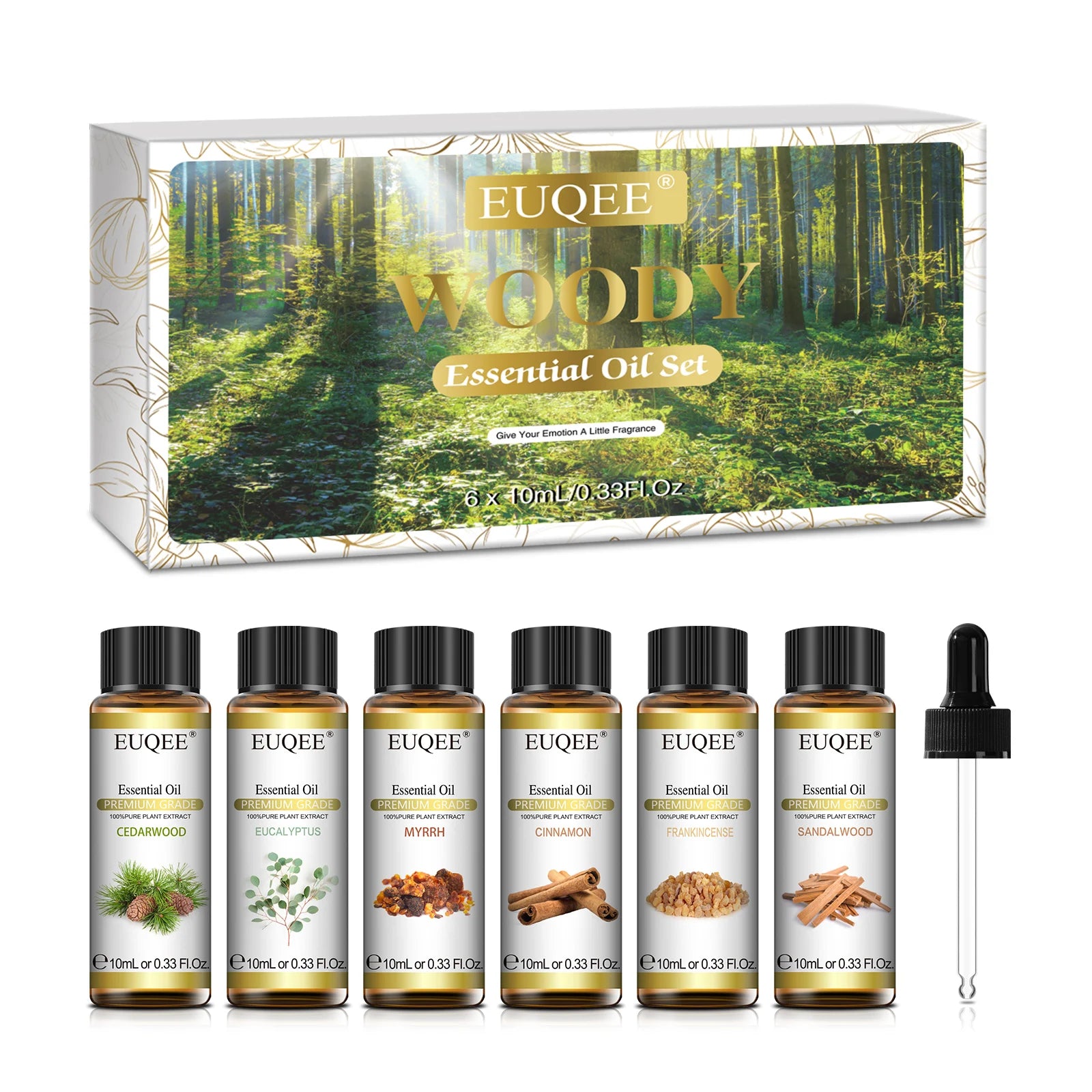 EUQEE – ensemble d'huiles essentielles série Woody, 6 bouteilles, pour aromathérapie, œucalyptus, cèdre, bois de santal, encens, cannelle, myrrh