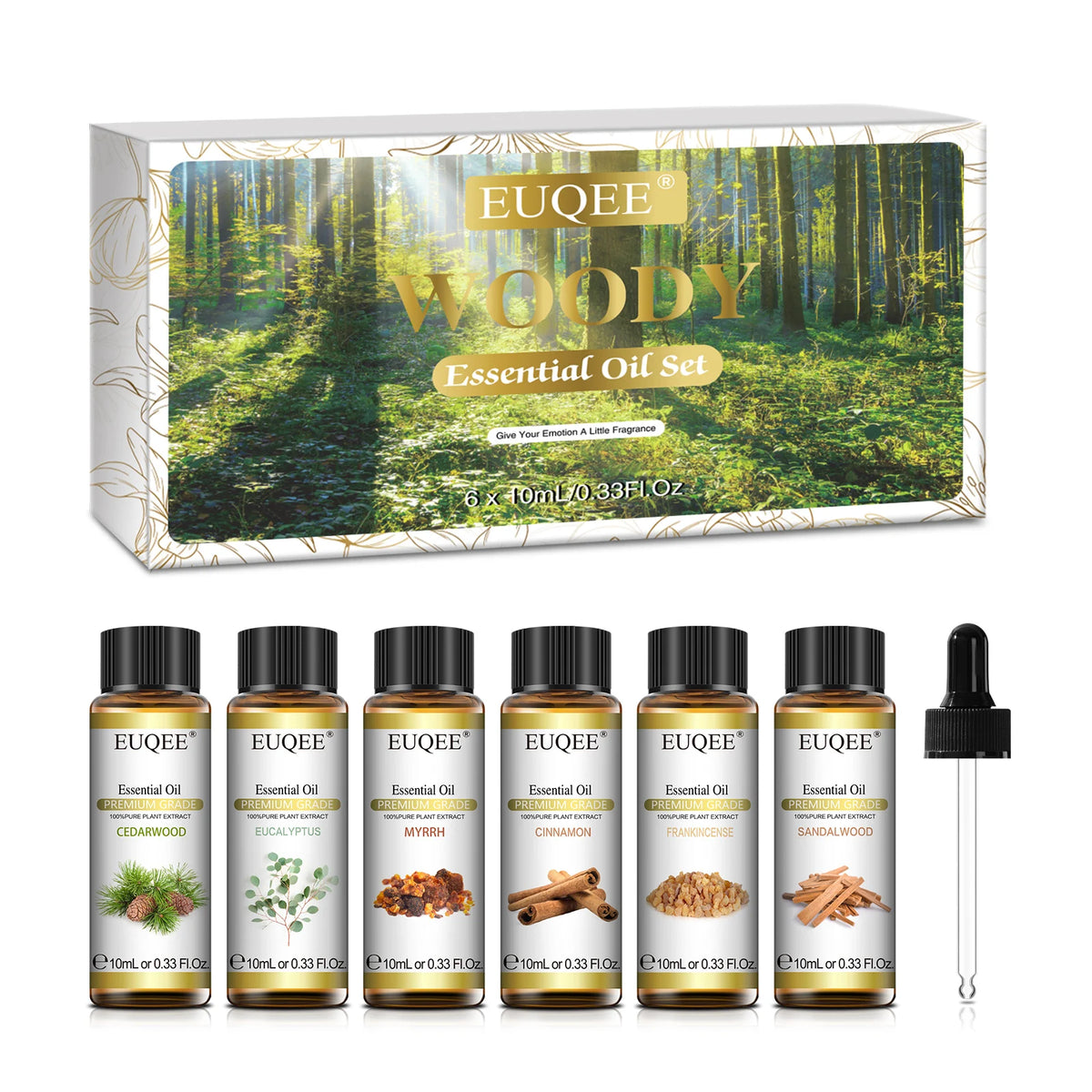 EUQEE – ensemble d'huiles essentielles série Woody, 6 bouteilles, pour aromathérapie, œucalyptus, cèdre, bois de santal, encens, cannelle, myrrh