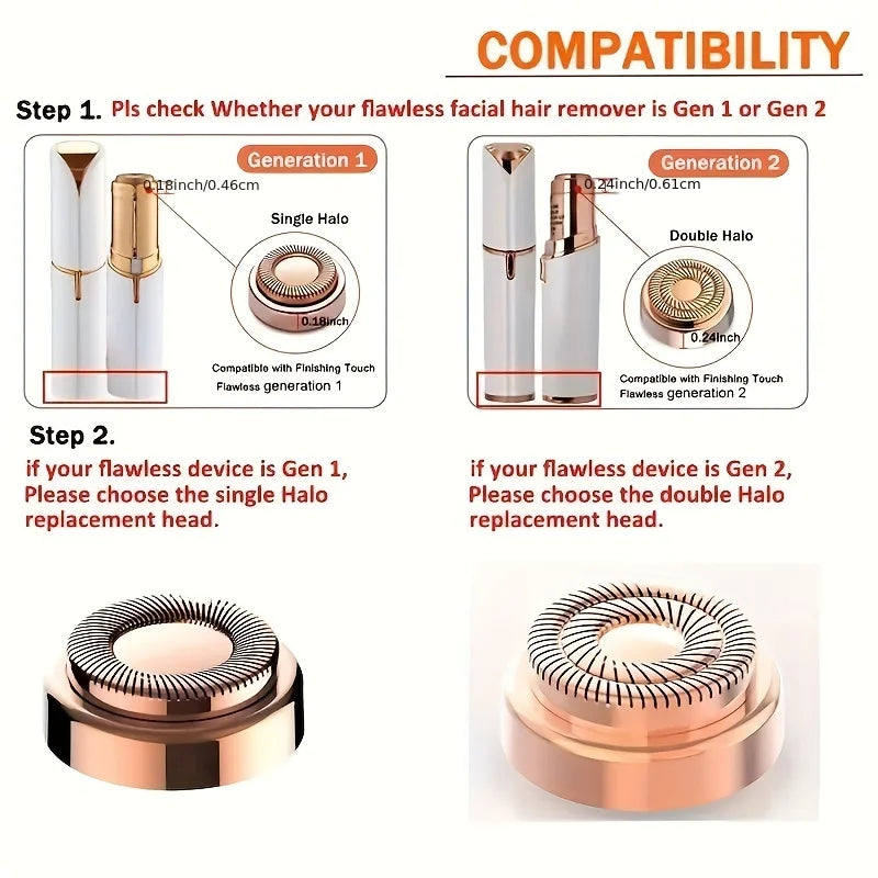 Replacement heads for facial hair removal, for a flawless finish, touch-sensitive facial hair removal tool for women, 4-point view