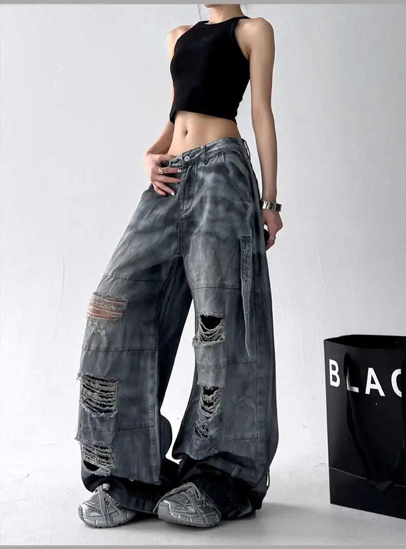 Femmes jean pantalon américain haute rue déchiré droit jambe large jean pour femmes conception cravate-teinture Jazz danse Cargo pleine mince jean