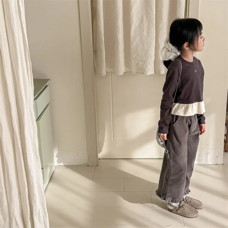 Pantalon sarouel en coton pour filles, vêtements décontractés pour enfants, pantalon en velours côtelé pour tout-petits, longueur rinçage, printemps, nouveau, 2025