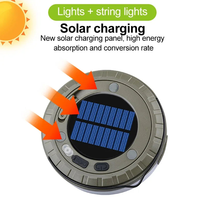 Guirxiété Solar Light for Outdoor Camping, LED Flashlight with Hook, Tent Light, RGB Lights, Stopovers, 10m