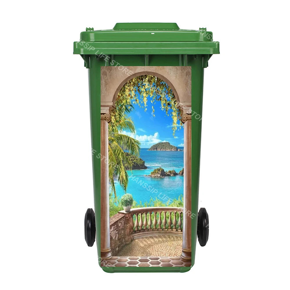 Autocollant imperméable en PVC pour poubelle d'extérieur, plantes tropicales, art mural, autocollants pour poubelle, pingouin et cuir chevelu
