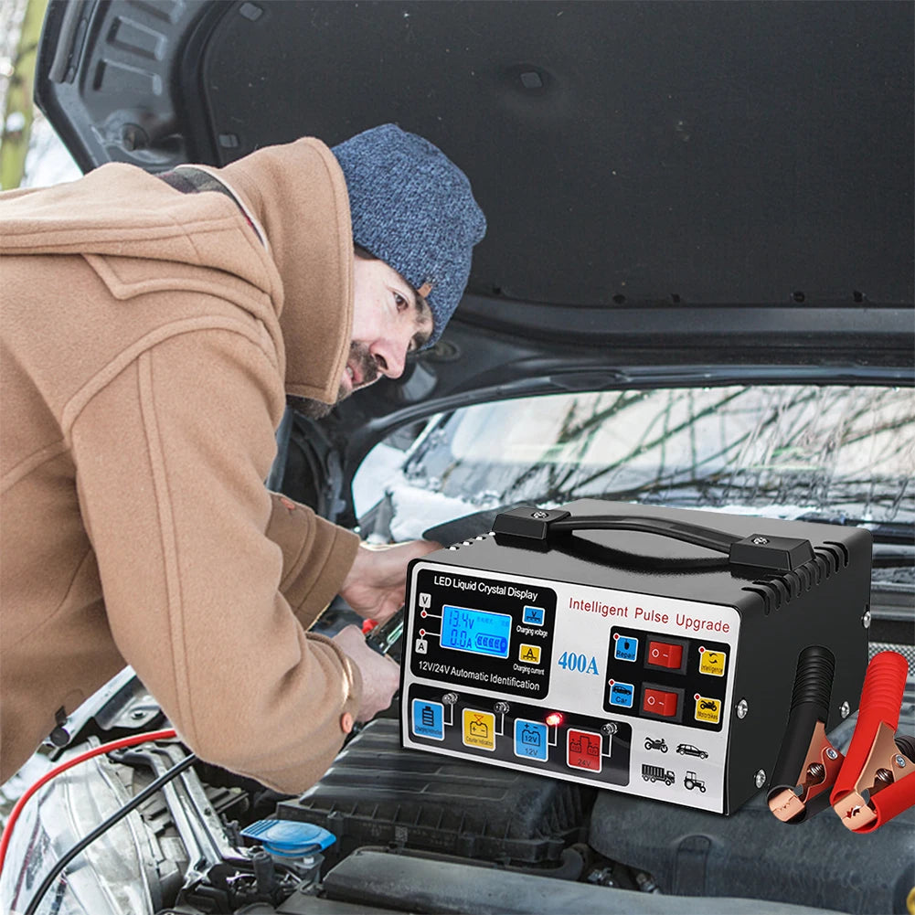 High-power car battery charger, fast charger, intelligent pulse repair, automatic shut-off, 400A, 12V, 24V, 220W