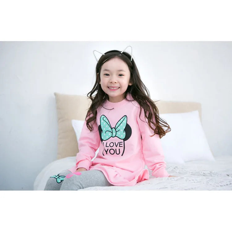 Ensemble de vêtements pour enfants printemps-automne, chemise + Leggings en coton à manches longues avec nœud papillon de dessin animé, costume 2 pièces pour filles de 3 à 8 ans, tenue décontractée