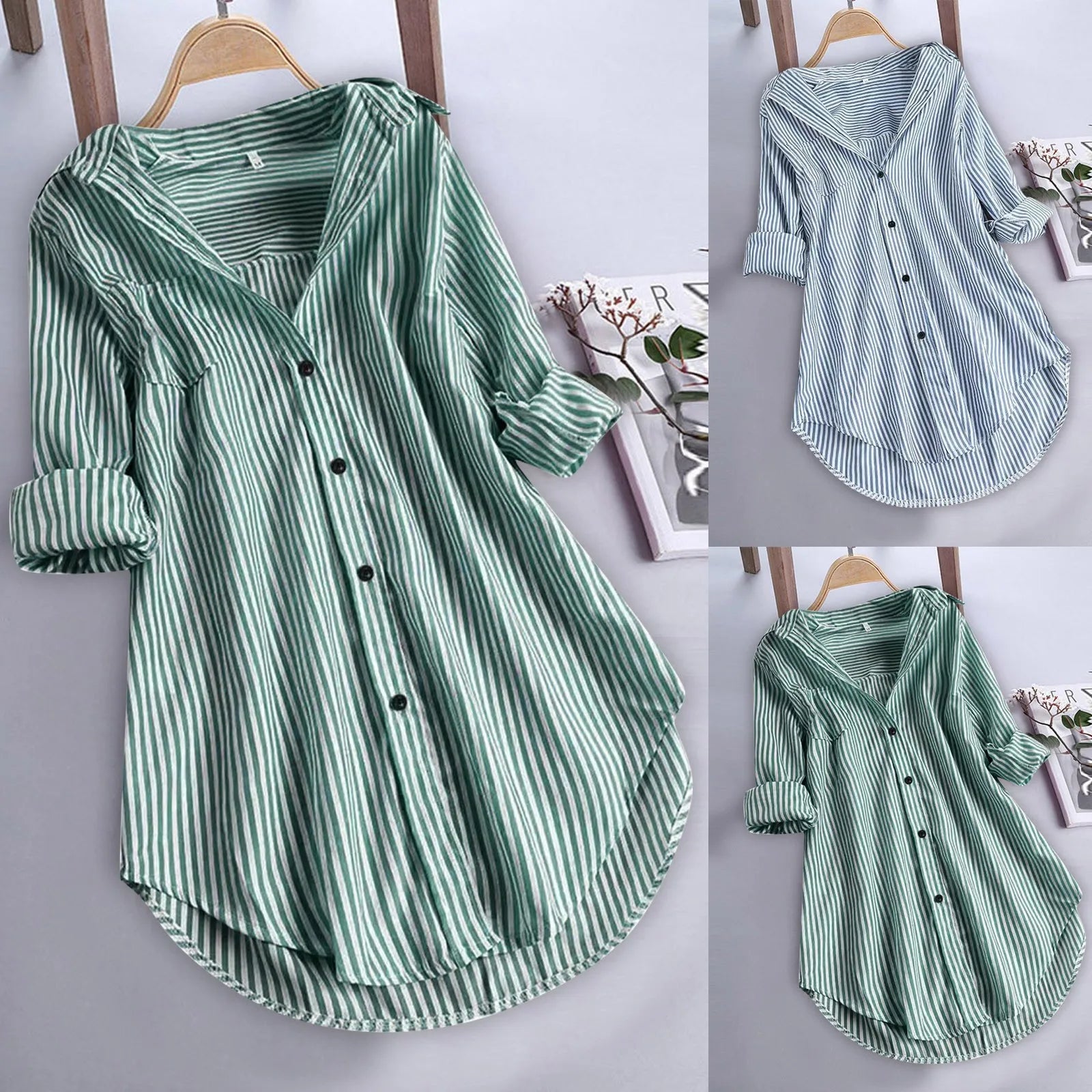 Femmes printemps et été rayure Blouse col rabattu à manches longues bouton poches dame chemise ample décontracté confortable femme Blouse haut