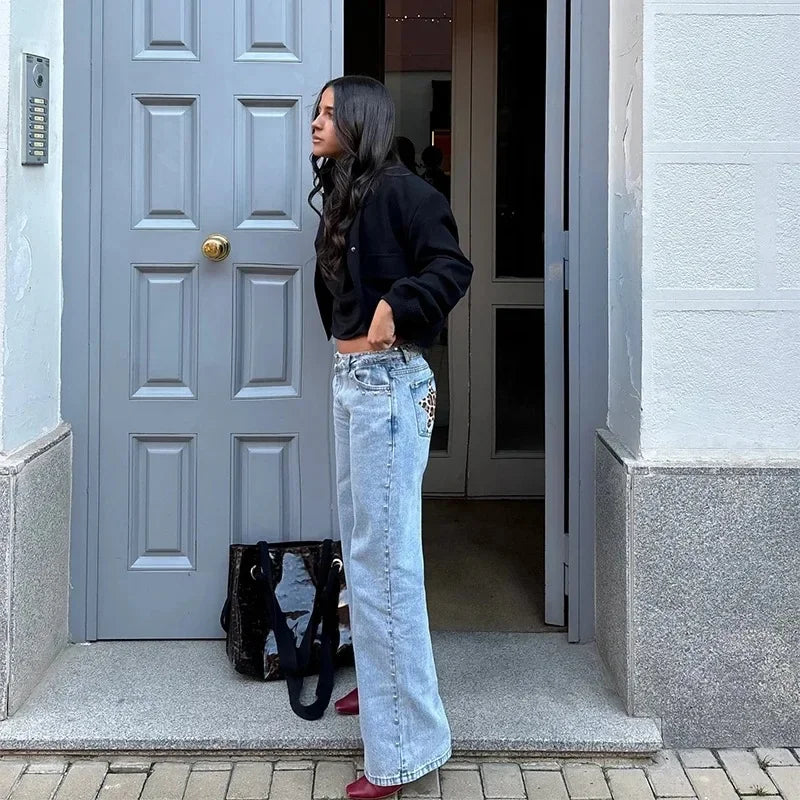 Y2K Vintage jean Flash argent étoile motif métal Rivet jean femme Baggy décontracté jambe droite Denim pantalon Simple femmes vêtements