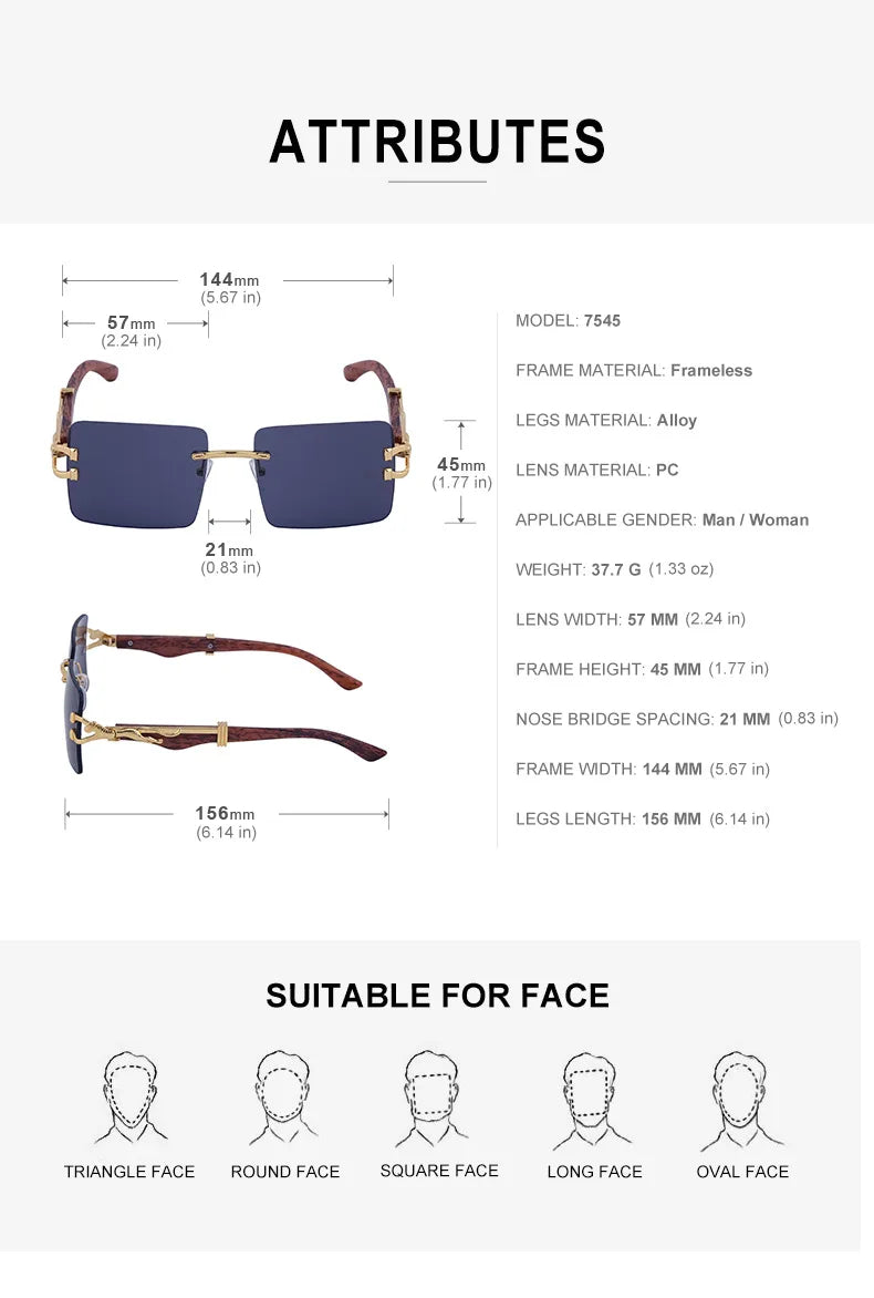Frameless square wooden sunglasses for men and women, vintage, fashionable, luxury, retro, 2023
