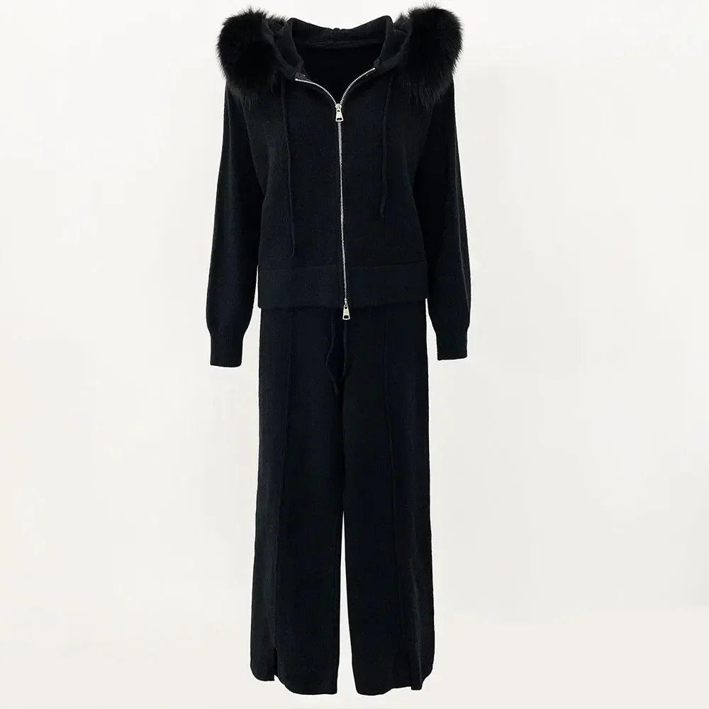 Women's fox fur collar coat, hooded jacket with detachable handles, fashionable knitwear, cozy sweater, autumn, winter, 2024
