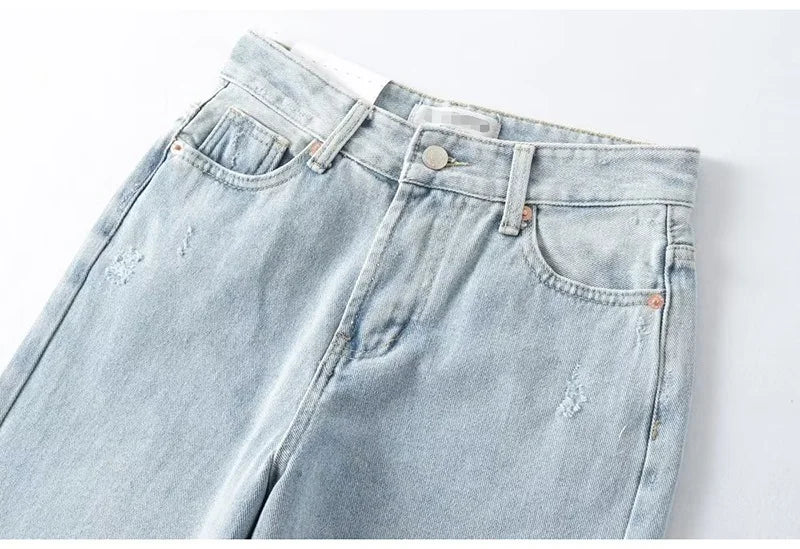 Jean bleu femmes taille haute 2025 ample décontracté petit ami jean Long pour le travail dames Simple jambe droite Denim pantalon pour les femmes