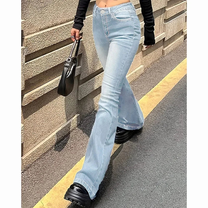 Girls' high-waisted flared jeans, stretch denim pants, bootcut fit, solid color, narrow bell leg, 2025