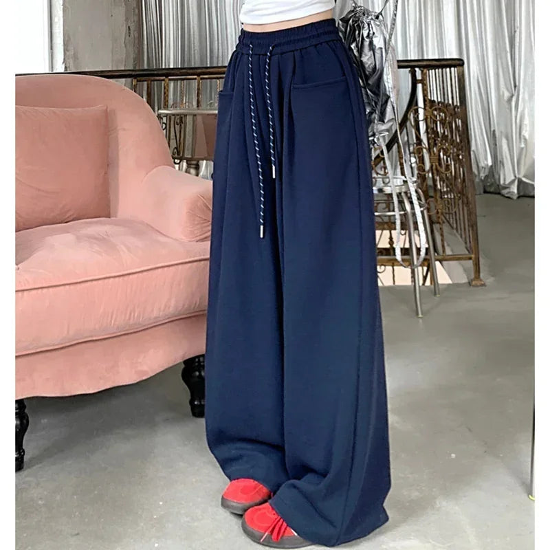 Women's High-Waisted Wide-Leg Pants, Chic, Grey, Navy Blue, Korean Style, Versatile, Drawstring, Wide Legs, Baggy, Autumn